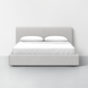 A modern, minimalist bed with a light gray upholstered frame and headboard, neatly made with white bedding and two white pillows, set against a plain white wall and gray floor.