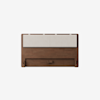A wooden headboard with a built-in rectangular beige upholstered cushion, set against a plain white background. The design is modern and minimalistic.