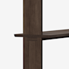 A close-up view of the corner of a dark wood shelf, showing the shelf intersecting with a vertical support against a plain white background.