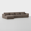 A modern sectional sofa with brown upholstery, featuring a chaise lounge on the left side and four back cushions, set against a plain white background.