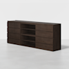 A dark brown wooden sideboard with twelve drawers, three open shelves in the center, and a modern, minimalist design, set against a plain white background.