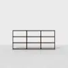 A dark brown, rectangular, three-tiered open shelf unit with nine equally sized compartments, standing on a light gray floor against a plain white background.