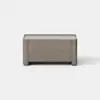A rectangular, light brown wooden storage chest with simple, clean lines sits on a smooth, light gray floor against a plain white background.