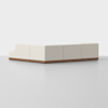 A modern, light beige sectional sofa with clean lines and a low wooden base, arranged in an L-shape against a plain white background.