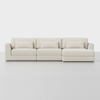 A modern, light beige sectional sofa with three seat cushions, three back cushions, matching rectangular pillows, and a chaise lounge on the right, set against a plain white background.