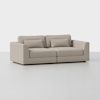 A modern light beige sofa with straight arms, two seat cushions, two back cushions, and two rectangular lumbar pillows, set against a plain white background.