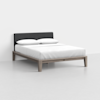 A modern bed with a dark upholstered headboard, wooden frame, white bedding, and two pillows, set against a plain white background.
