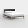 A modern bed with a dark upholstered headboard, wooden frame, white bedding, and two pillows, set against a plain white background.