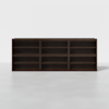 A dark brown wooden shelving unit with three columns and three rows of open shelves, placed on a light gray floor against a plain white background.