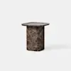 A small, modern side table made of dark brown marble with light veining, featuring a thick, rounded-column base and a square top with softly curved edges, set against a plain white background.