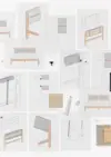 A collage of technical drawings and sketches showing different angles and assembly details of a wooden bed frame, with swatches of materials and hardware pieces arranged around the images.