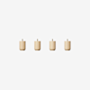 Four small, cylindrical wooden knobs with short metal pegs on top, evenly spaced in a row on a plain white background.