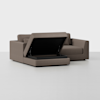 A brown upholstered storage ottoman with its cushioned lid open, revealing a spacious black interior compartment, set against a plain light background.