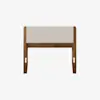 A front view of a modern wooden bench with a light beige cushioned seat and backrest, set against a plain white background.