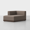A modern, minimalist corner sectional chair with brown upholstery and a low, dark wooden base, set against a plain white background.