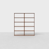 A wooden bookshelf with four shelves and a vertical divider in the center, standing empty against a plain white background.