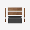 Disassembled bed frame with two wooden side rails, two wooden end panels, and a gray upholstered headboard laid out on a white background.