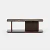 Modern rectangular coffee table with a dark marble top, geometric wooden base, and minimalist design, displayed against a plain white background.