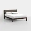 A modern wooden bed frame with a padded fabric headboard, neatly made with white sheets and two white pillows, placed in a minimalist room with a light gray floor and white walls.