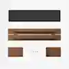 Flat lay of parts for assembling a wooden table: a black rectangular panel, a long wooden tabletop with underside view, two wooden legs, and six small screws or fasteners arranged on a white background.