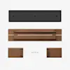 Flat lay of parts for assembling a wooden table: a black rectangular panel, a long wooden tabletop with underside view, two wooden legs, and six small screws or fasteners arranged on a white background.