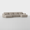 A modern, beige sectional sofa with five seat cushions, five back cushions, and three armrests, set against a plain white background. The sofa has a chaise lounge on one end and a clean, minimalist design.