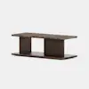 Rectangular coffee table with a dark brown wooden base and a polished marble top, featuring two wide support panels and a solid lower platform.