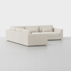 A large, modern, L-shaped sectional sofa upholstered in light beige fabric is set against a plain white background. The sofa features clean lines, wide armrests, and several back and side cushions.