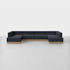 A modern, large, L-shaped sectional sofa with dark blue cushions and a light wood base, placed on a light gray floor against a plain white background.
