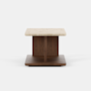 A modern side table with a square beige marble top, wooden center support, and square wooden base, photographed against a plain white background.