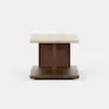 A modern side table with a square beige marble top, wooden center support, and square wooden base, photographed against a plain white background.