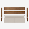 Disassembled bed frame with wooden side panels, headboard, footboard, and a light beige upholstered section, all laid out on a white background.
