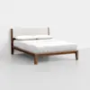A modern wooden bed frame with angled legs, a padded cream-colored headboard, and crisp white bedding with two pillows, set against a plain light background.