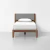 A single wooden bed with a light gray upholstered headboard, white bedding, and one white pillow, set against a plain white wall and floor.
