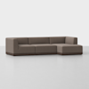 A modern sectional sofa with brown upholstery and a dark wooden base, featuring three connected seats and a chaise lounge on the right side, set against a plain white background.