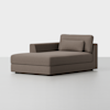 A modern brown chaise lounge with clean lines, a single armrest on the left, a matching rectangular cushion, and minimalist design, placed on a light gray floor against a white background.