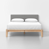 A modern bed with a light wooden frame, simple headboard upholstered in gray fabric, and white bedding with two pillows, positioned against a plain white wall.