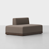 A modern, armless brown upholstered lounge chair with a low wooden base and a single rectangular backrest, set against a plain white background.
