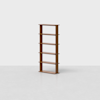 A tall, wooden bookshelf with five evenly spaced shelves stands on a light gray floor against a plain white background. The bookshelf is empty and has a simple, modern design.