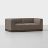A modern, low-profile sectional sofa with brown upholstery and a dark wooden base, placed on a light-colored floor against a plain white background.