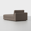 A modern, minimalist chaise lounge with brown upholstery, featuring a single back cushion and one armrest on the right side, set against a plain white background.
