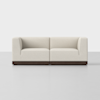 A modern, two-seat sofa with light beige upholstery and a dark wooden base, set against a plain white background.