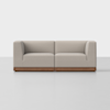 A modern, light gray upholstered loveseat with clean lines and a low wooden base, set against a plain white background.