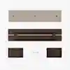 Four wooden parts of furniture and five screws are laid out on a white background, arranged as if for assembly; the pieces include a beige panel, a large rectangular frame, two smaller side panels, and screws in the center.