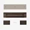 Four wooden parts of furniture and five screws are laid out on a white background, arranged as if for assembly; the pieces include a beige panel, a large rectangular frame, two smaller side panels, and screws in the center.