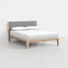 A modern wooden bed frame with a light wood finish, featuring a simple grey upholstered headboard. The bed is made up with white bedding and two white pillows, set against a plain white background.