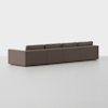 A long, modern sectional sofa with clean lines and brown upholstery is shown from the back against a plain white background.
