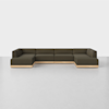 A large, modern sectional sofa with dark olive-green upholstery and a light wooden base, arranged in a U-shape on a light gray floor against a plain white background.