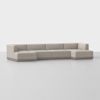 A modern, light beige modular sectional sofa with clean lines, low backrests, and deep seats, arranged in an L-shape on a smooth, light floor against a plain white background.