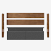 Bed frame parts laid out on a white background, including two wooden side rails, two wooden end pieces, and a rectangular gray upholstered headboard.